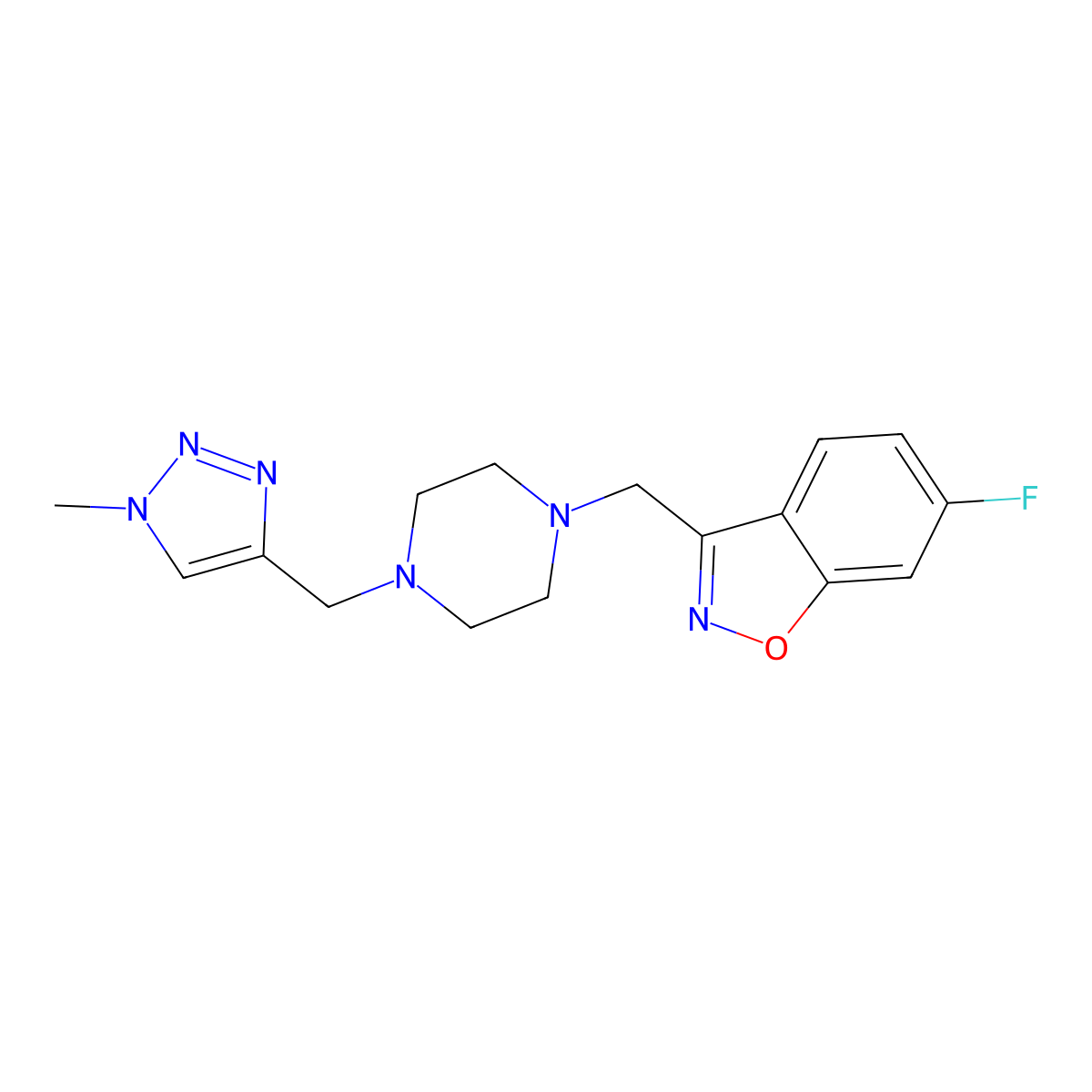 6-fluoro-3-({4-[(1-methyl-1H-1,2,3-triazol-4-yl)methyl]piperazin-1-yl}methyl)-1,2-benzoxazole molecular structure, CAS 3030824-54-2