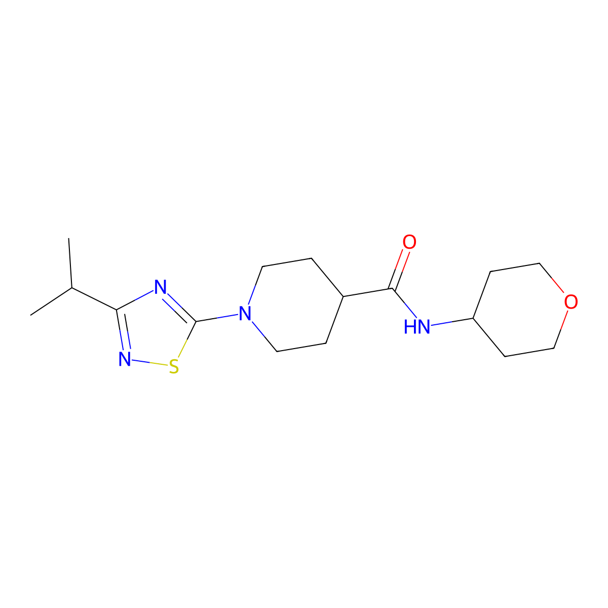 N-(oxan-4-yl)-1-[3-(propan-2-yl)-1,2,4-thiadiazol-5-yl]piperidine-4-carboxamide molecular structure, CAS 3030825-21-6
