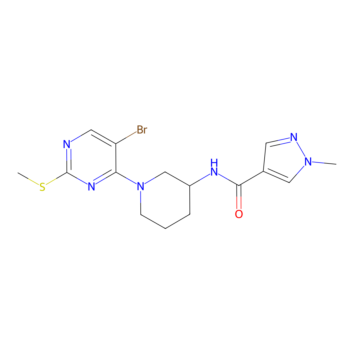 N-{1-[5-bromo-2-(methylsulfanyl)pyrimidin-4-yl]piperidin-3-yl}-1-methyl-1H-pyrazole-4-carboxamide molecular structure, CAS 3030825-89-6