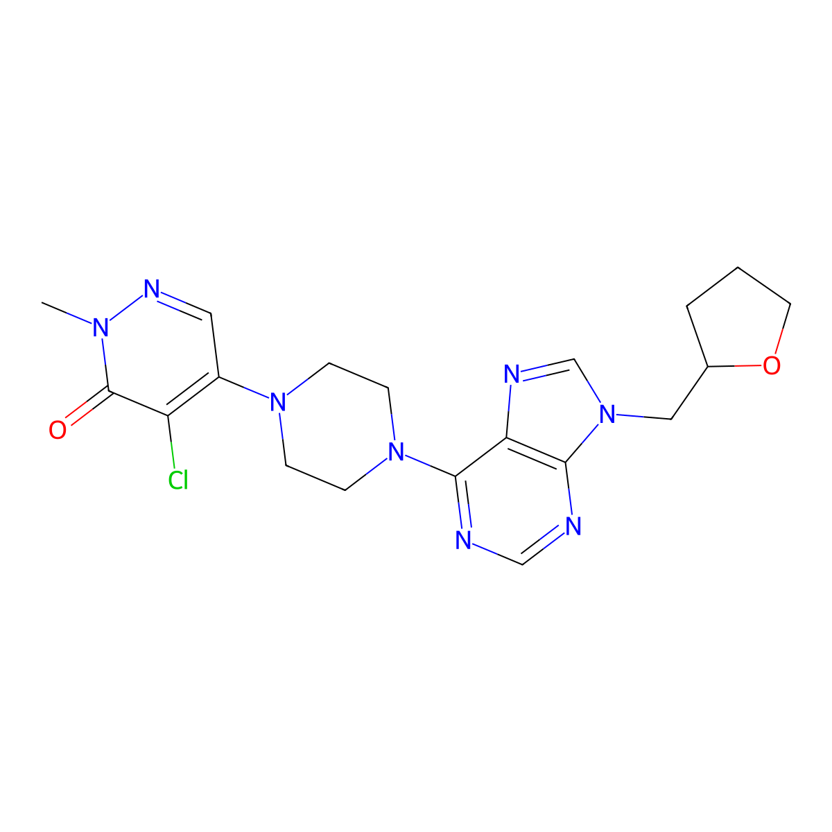 4-chloro-2-methyl-5-(4-{9-[(oxolan-2-yl)methyl]-9H-purin-6-yl}piperazin-1-yl)-2,3-dihydropyridazin-3-one molecular structure, CAS 3030825-97-6