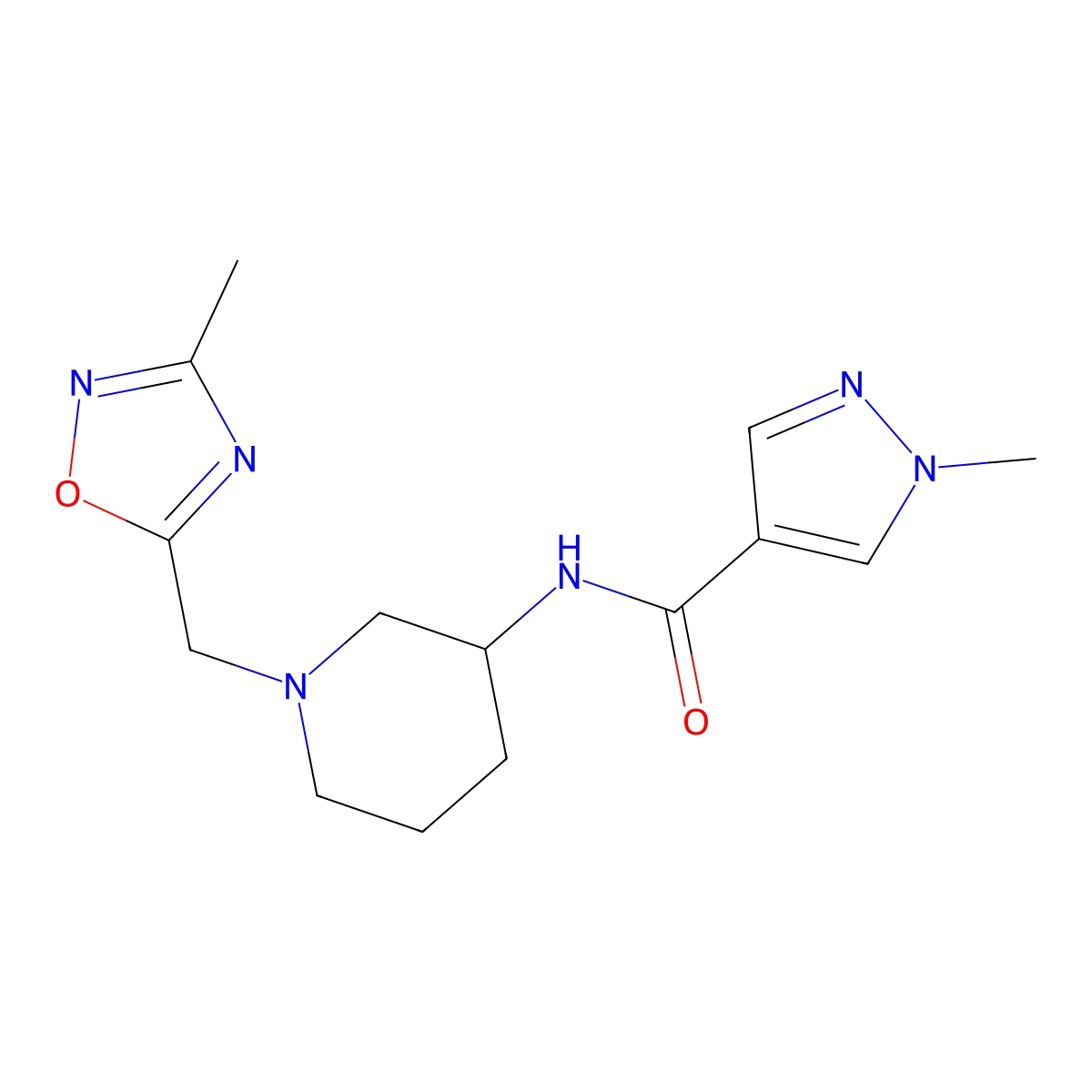 1-methyl-N-{1-[(3-methyl-1,2,4-oxadiazol-5-yl)methyl]piperidin-3-yl}-1H-pyrazole-4-carboxamide molecular structure, CAS 3030826-11-7