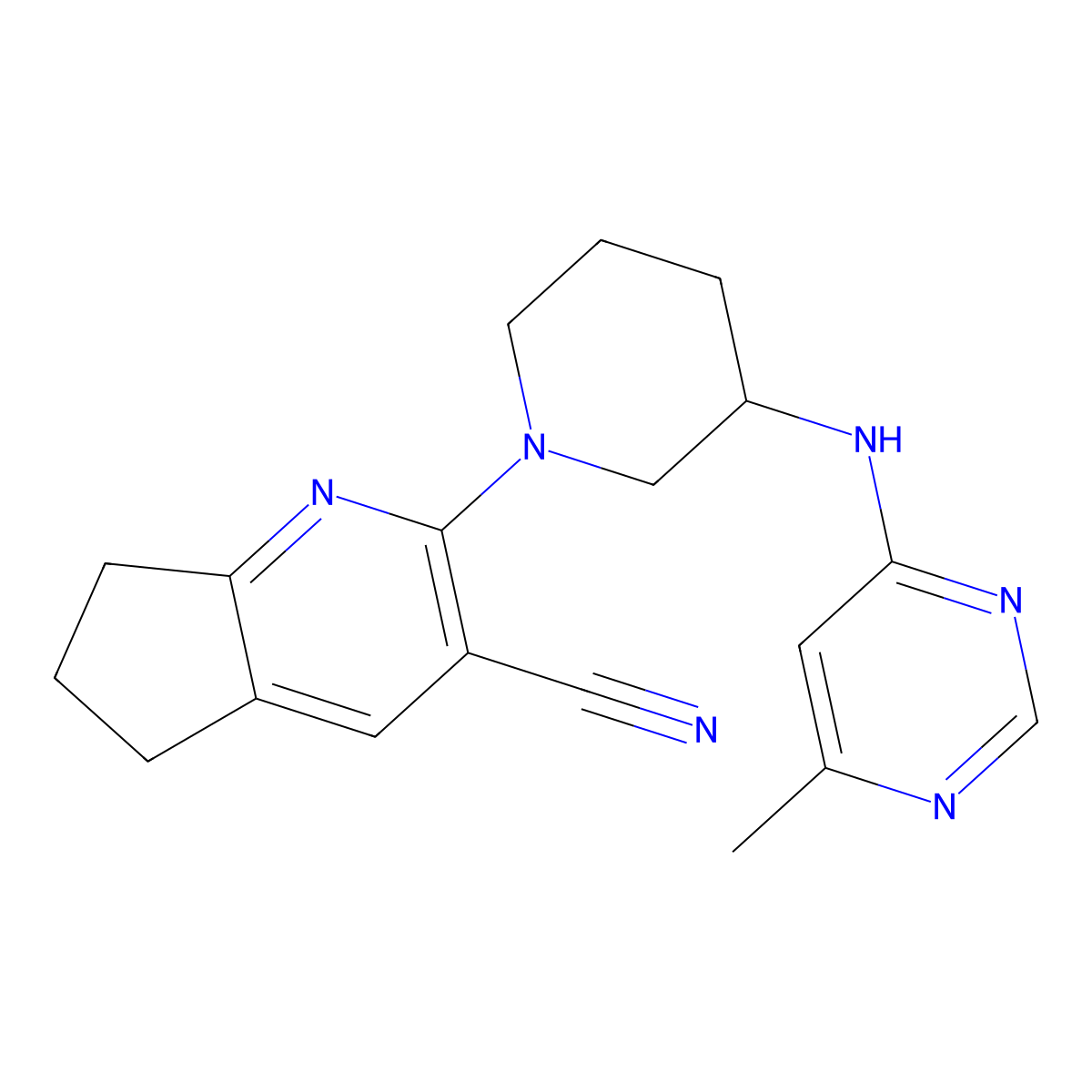 2-{3-[(6-methylpyrimidin-4-yl)amino]piperidin-1-yl}-5H,6H,7H-cyclopenta[b]pyridine-3-carbonitrile molecular structure, CAS 3030826-33-3