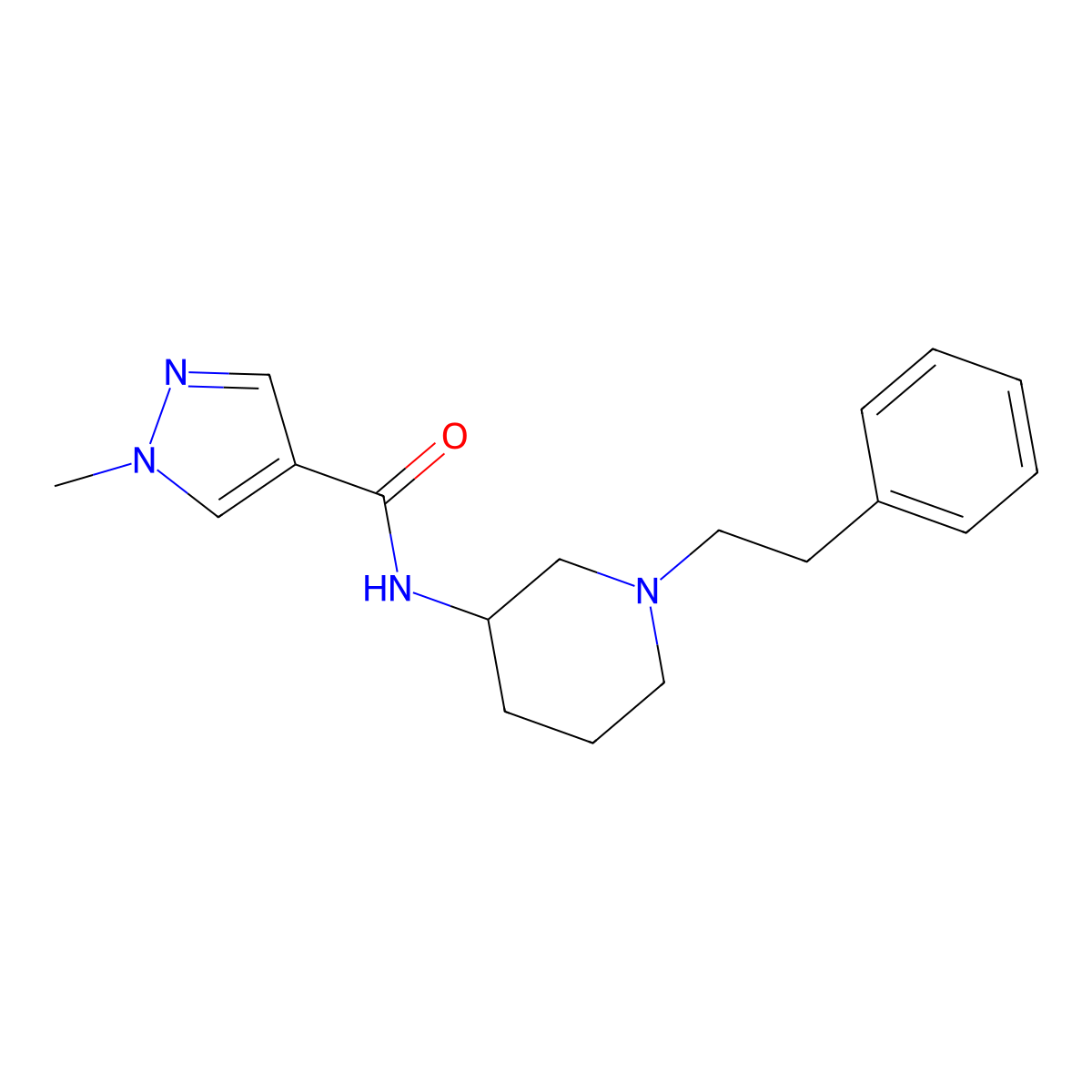 1-methyl-N-[1-(2-phenylethyl)piperidin-3-yl]-1H-pyrazole-4-carboxamide molecular structure, CAS 3030826-67-3