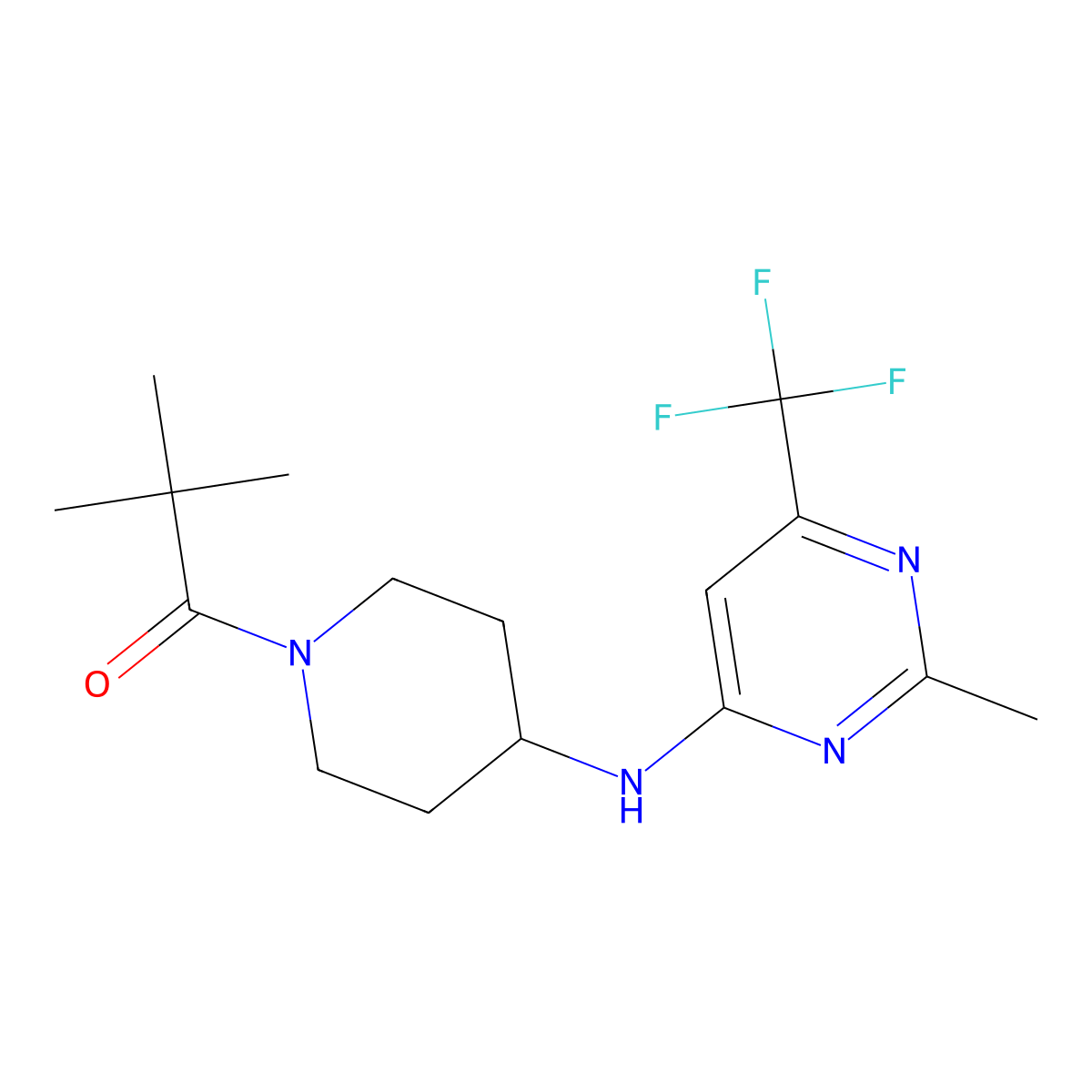 2,2-Dimethyl-1-(4-{[2-methyl-6-(trifluoromethyl)pyrimidin-4-yl]amino}piperidin-1-yl)propan-1-one molecular structure, CAS 3030826-99-1