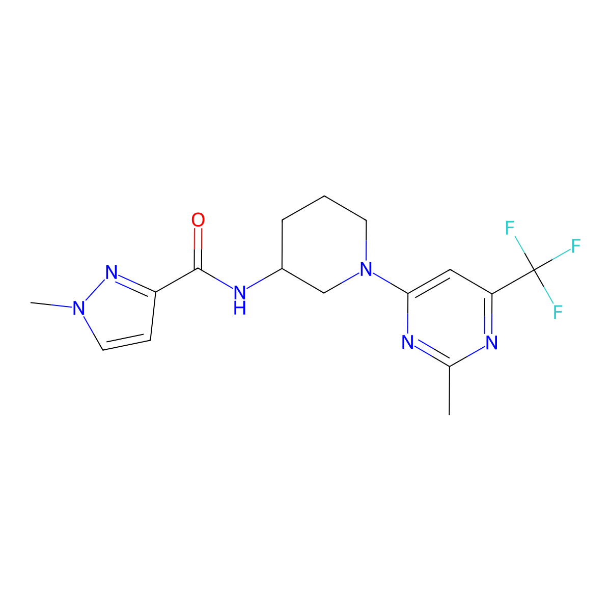 1-methyl-N-{1-[2-methyl-6-(trifluoromethyl)pyrimidin-4-yl]piperidin-3-yl}-1H-pyrazole-3-carboxamide molecular structure, CAS 3030827-58-5