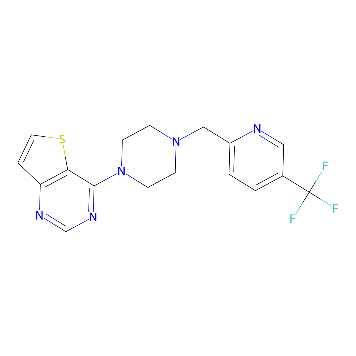 4-[4-[[5-(Trifluoromethyl)pyridin-2-yl]methyl]piperazin-1-yl]thieno[3,2-d]pyrimidine molecular structure, CAS 3030827-92-7