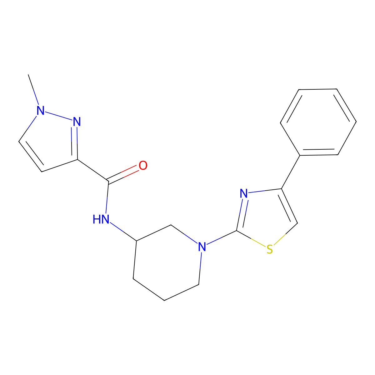 1-methyl-N-[1-(4-phenyl-1,3-thiazol-2-yl)piperidin-3-yl]-1H-pyrazole-3-carboxamide molecular structure, CAS 3030827-96-1