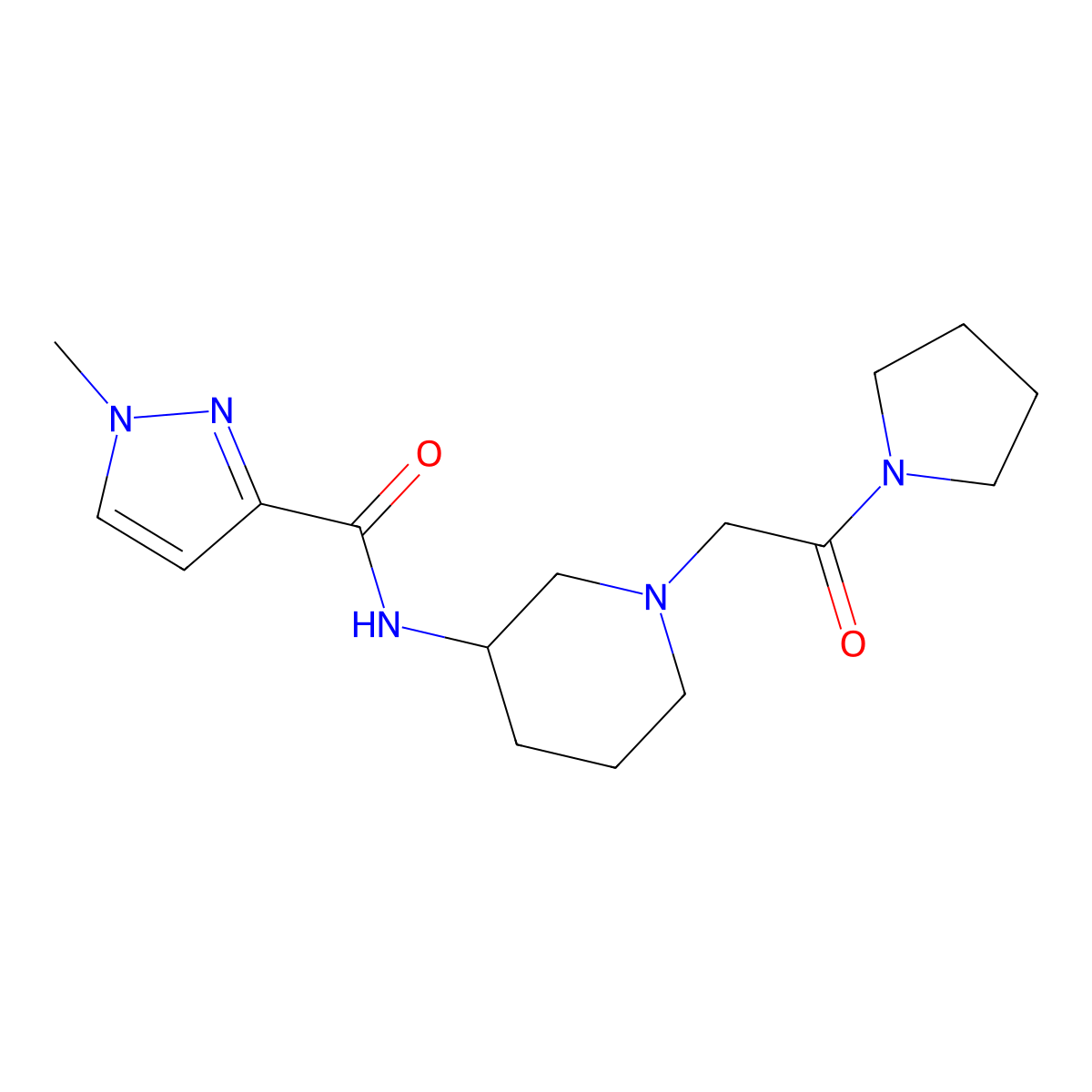 1-methyl-N-{1-[2-oxo-2-(pyrrolidin-1-yl)ethyl]piperidin-3-yl}-1H-pyrazole-3-carboxamide molecular structure, CAS 3030828-10-2