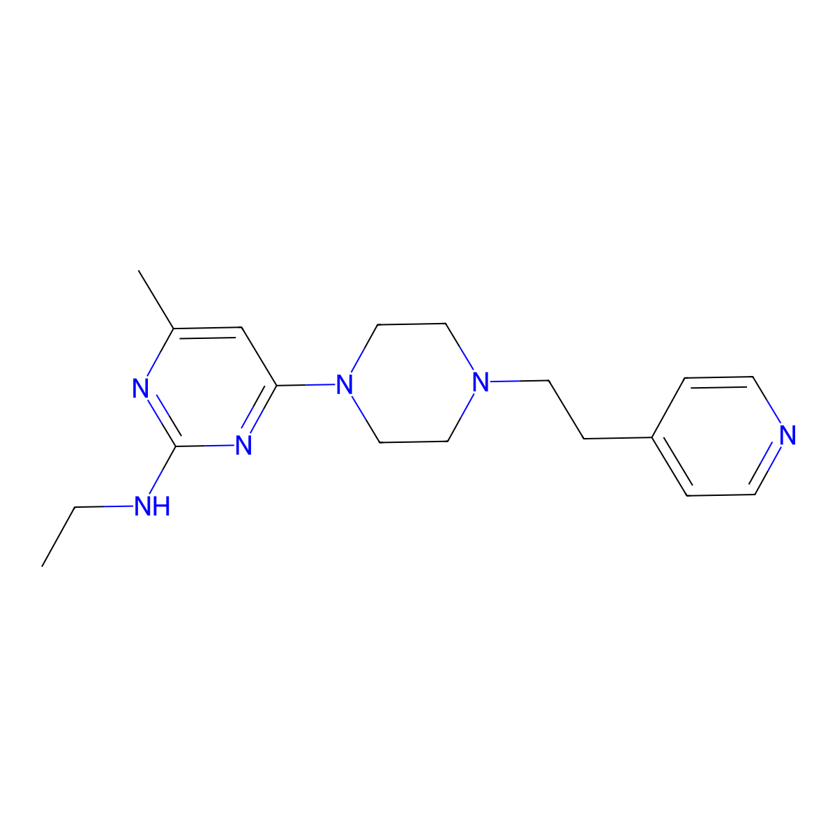 N-ethyl-4-methyl-6-{4-[2-(pyridin-4-yl)ethyl]piperazin-1-yl}pyrimidin-2-amine molecular structure, CAS 3030828-13-5