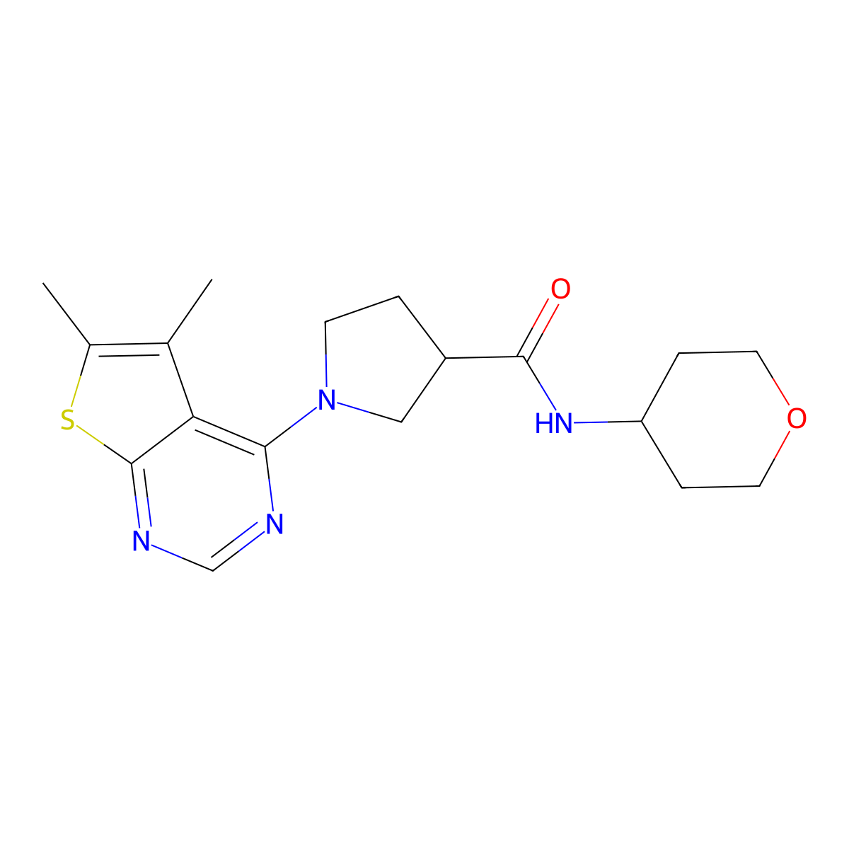 1-{5,6-dimethylthieno[2,3-d]pyrimidin-4-yl}-N-(oxan-4-yl)pyrrolidine-3-carboxamide molecular structure, CAS 3030828-14-6