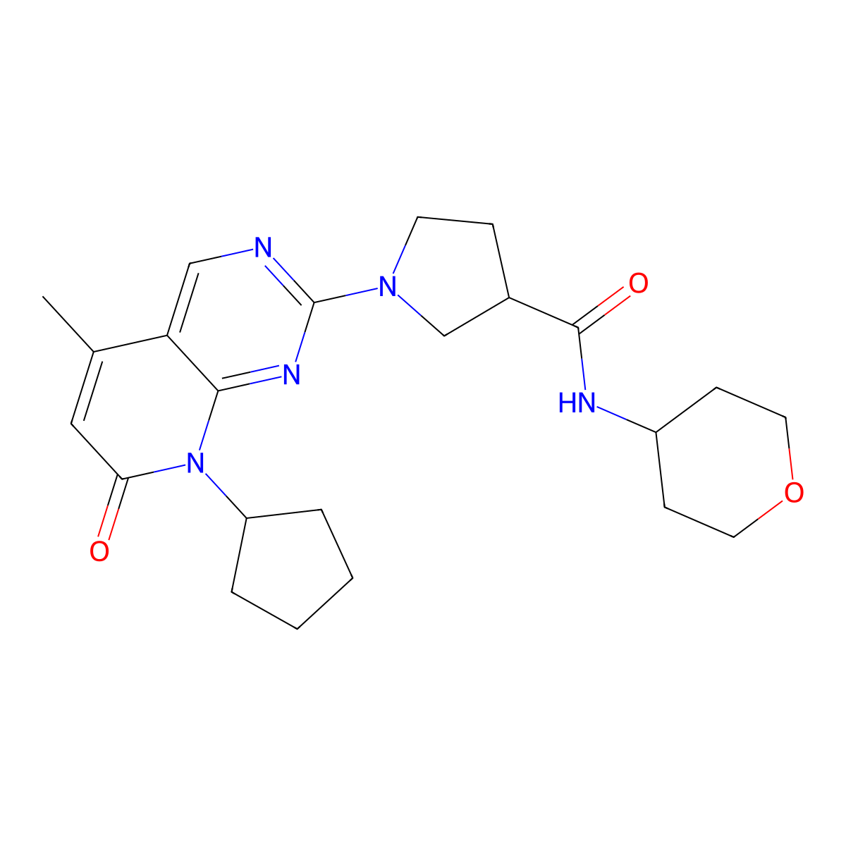 1-{8-cyclopentyl-5-methyl-7-oxo-7H,8H-pyrido[2,3-d]pyrimidin-2-yl}-N-(oxan-4-yl)pyrrolidine-3-carboxamide molecular structure, CAS 3030828-26-0