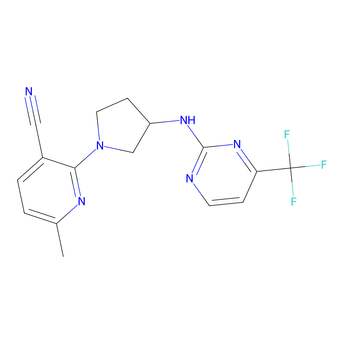 6-Methyl-2-(3-{[4-(trifluoromethyl)pyrimidin-2-yl]amino}pyrrolidin-1-yl)pyridine-3-carbonitrile molecular structure, CAS 3030828-38-4