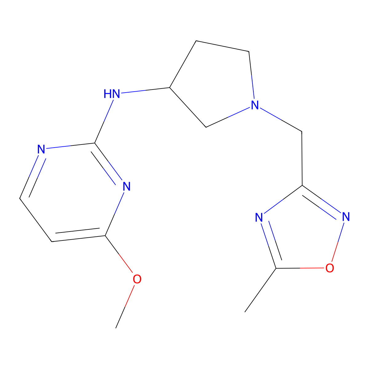 4-methoxy-N-{1-[(5-methyl-1,2,4-oxadiazol-3-yl)methyl]pyrrolidin-3-yl}pyrimidin-2-amine molecular structure, CAS 3030828-53-3