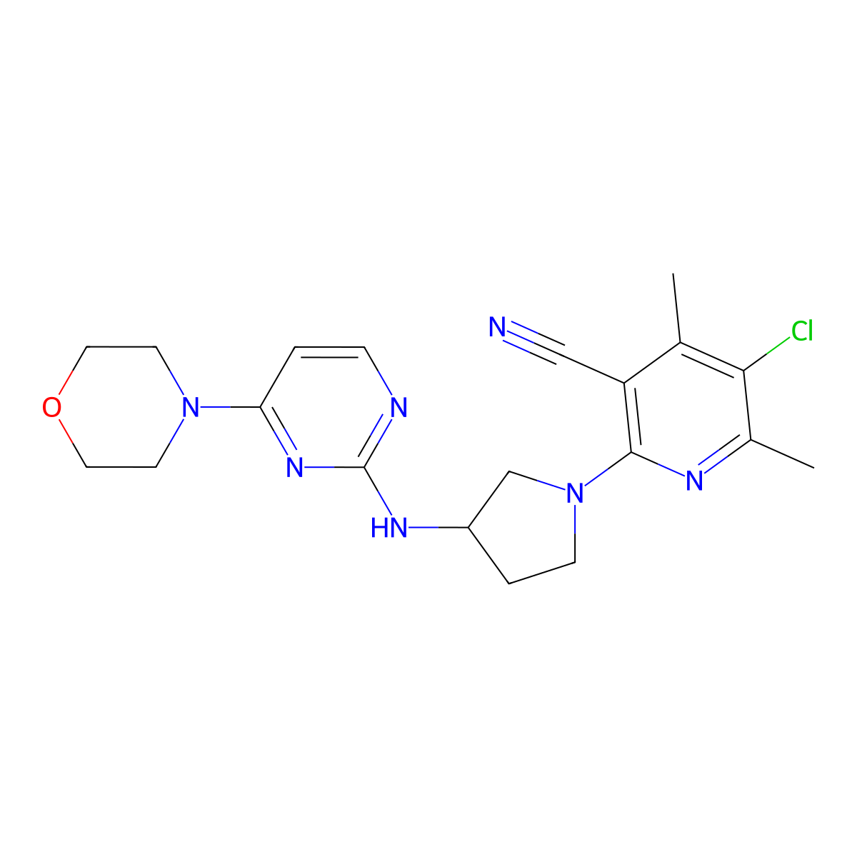 5-Chloro-4,6-dimethyl-2-(3-{[4-(morpholin-4-yl)pyrimidin-2-yl]amino}pyrrolidin-1-yl)pyridine-3-carbonitrile molecular structure, CAS 3030828-59-9