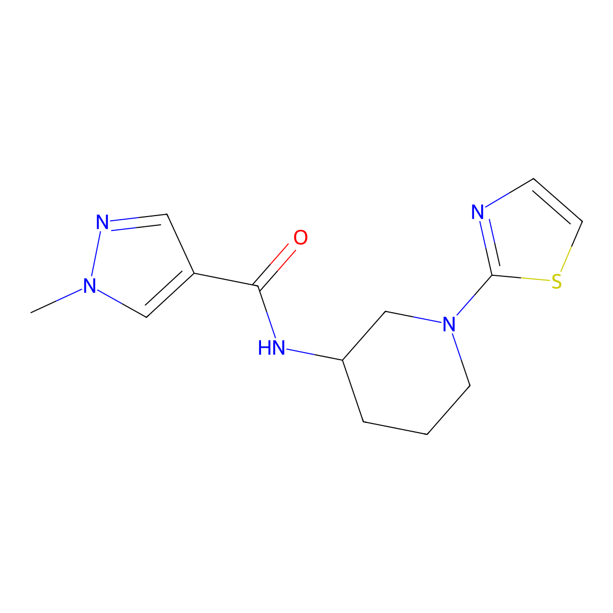 1-methyl-N-[1-(1,3-thiazol-2-yl)piperidin-3-yl]-1H-pyrazole-4-carboxamide molecular structure, CAS 3030828-60-2