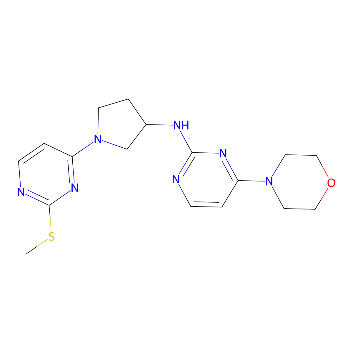 N-{1-[2-(methylsulfanyl)pyrimidin-4-yl]pyrrolidin-3-yl}-4-(morpholin-4-yl)pyrimidin-2-amine molecular structure, CAS 3030828-62-4