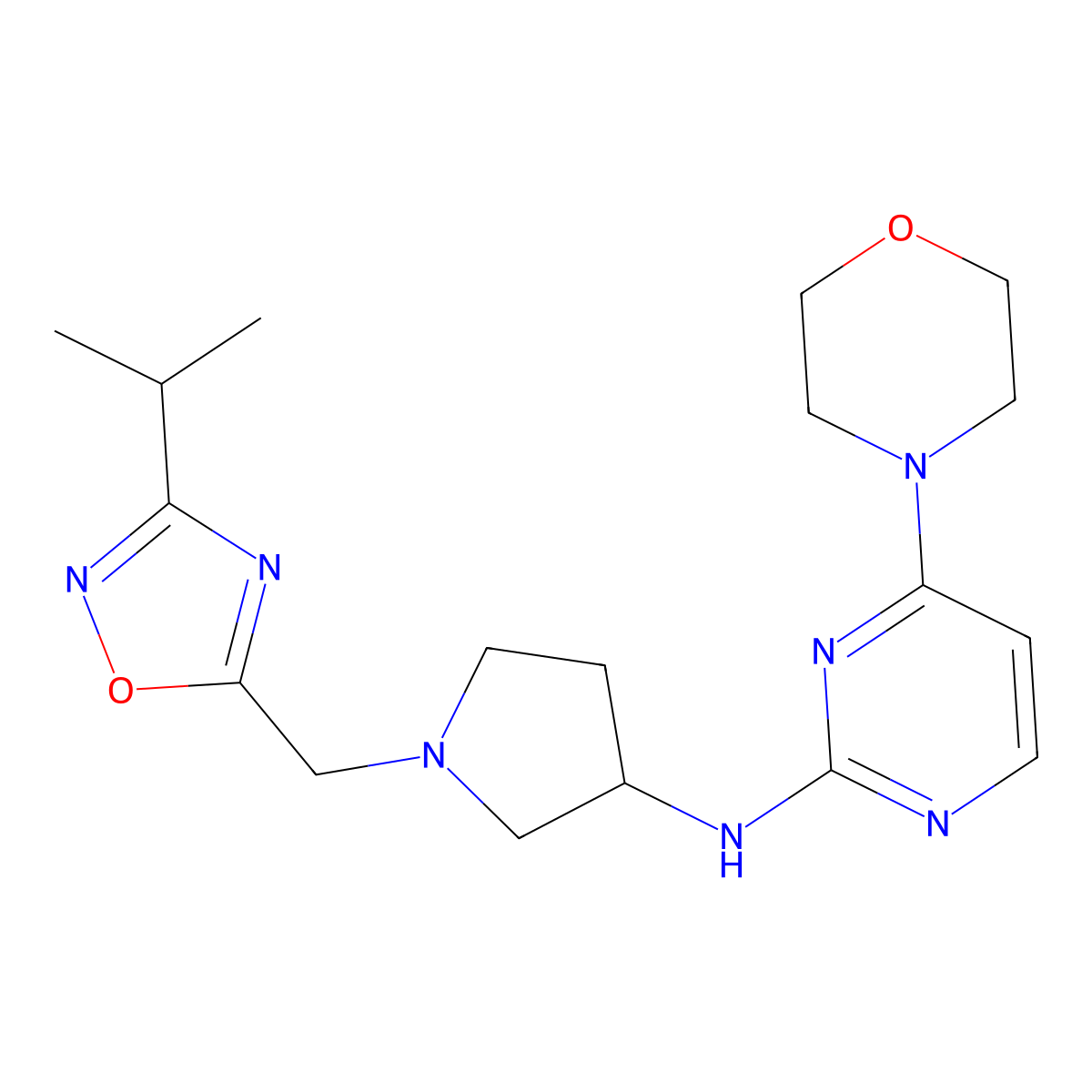 4-(morpholin-4-yl)-N-(1-{[3-(propan-2-yl)-1,2,4-oxadiazol-5-yl]methyl}pyrrolidin-3-yl)pyrimidin-2-amine molecular structure, CAS 3030828-67-9