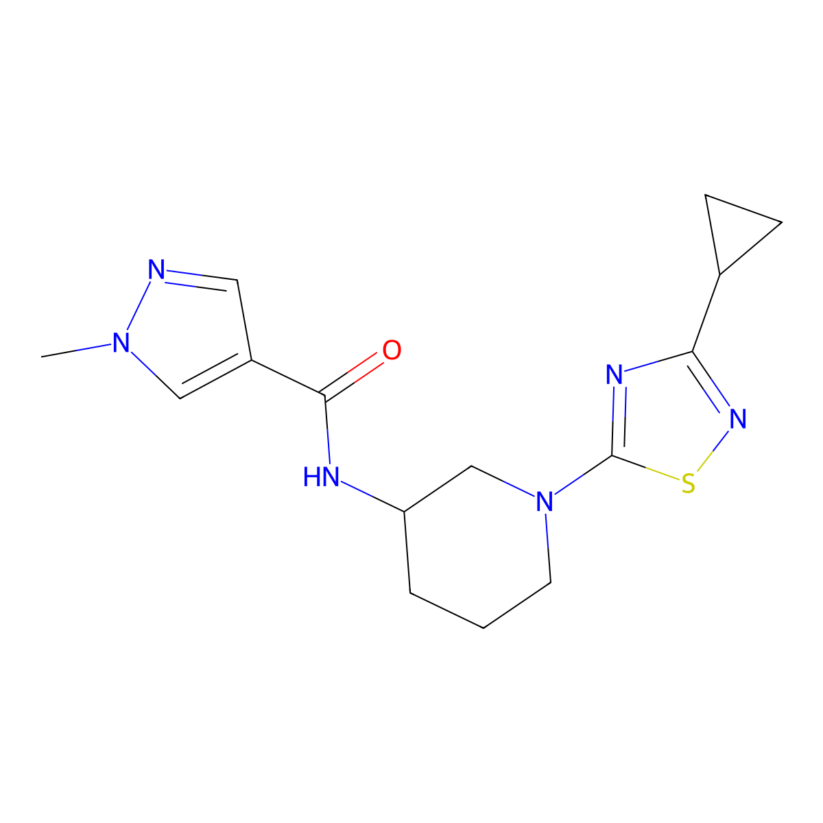 N-[1-(3-cyclopropyl-1,2,4-thiadiazol-5-yl)piperidin-3-yl]-1-methyl-1H-pyrazole-4-carboxamide molecular structure, CAS 3030828-68-0
