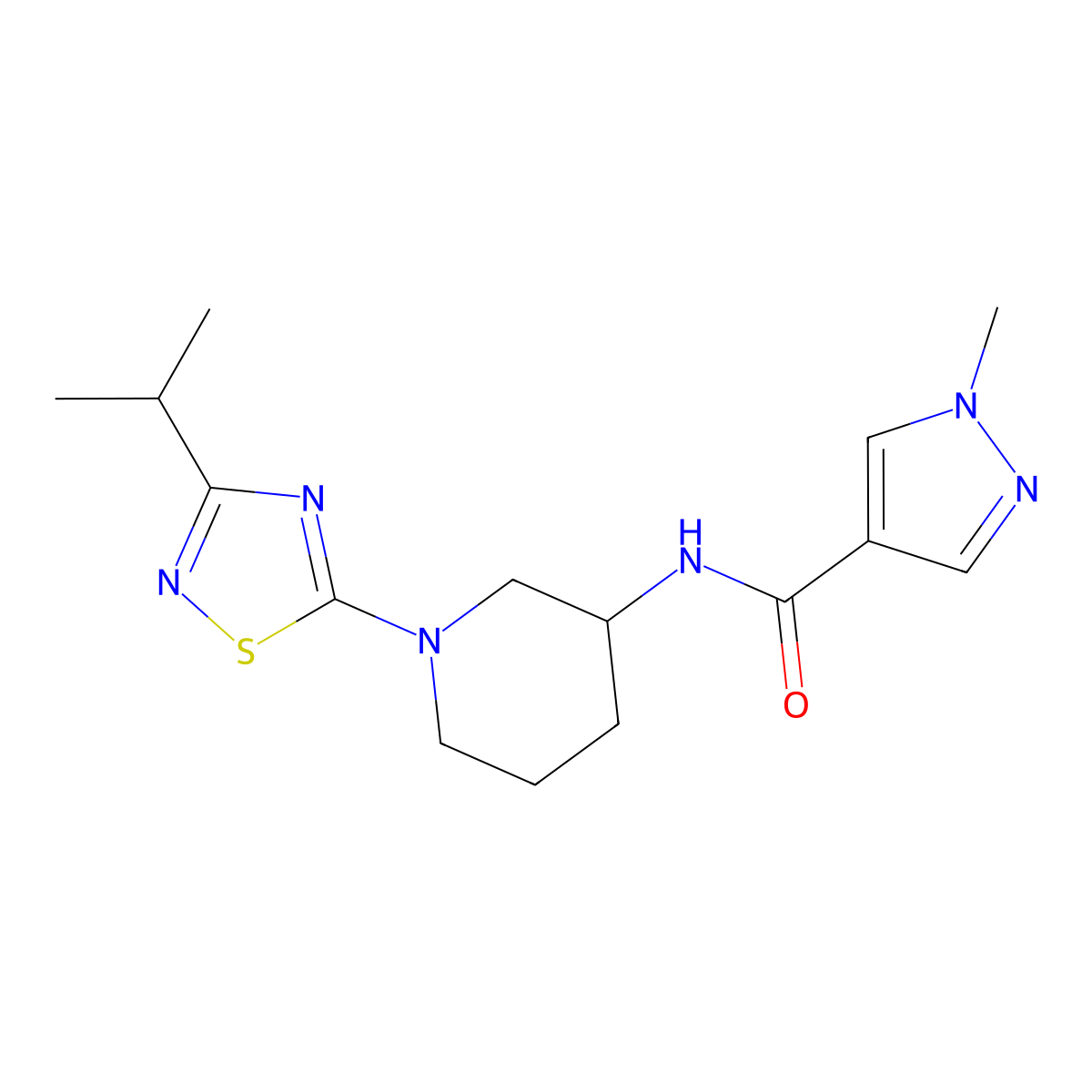 1-methyl-N-{1-[3-(propan-2-yl)-1,2,4-thiadiazol-5-yl]piperidin-3-yl}-1H-pyrazole-4-carboxamide molecular structure, CAS 3030828-91-9