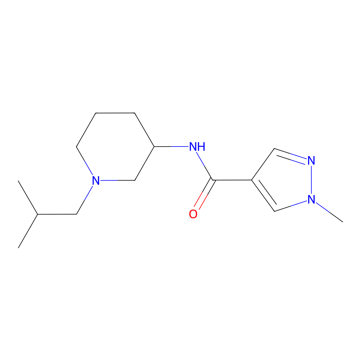 1-methyl-N-[1-(2-methylpropyl)piperidin-3-yl]-1H-pyrazole-4-carboxamide molecular structure, CAS 3030829-04-7
