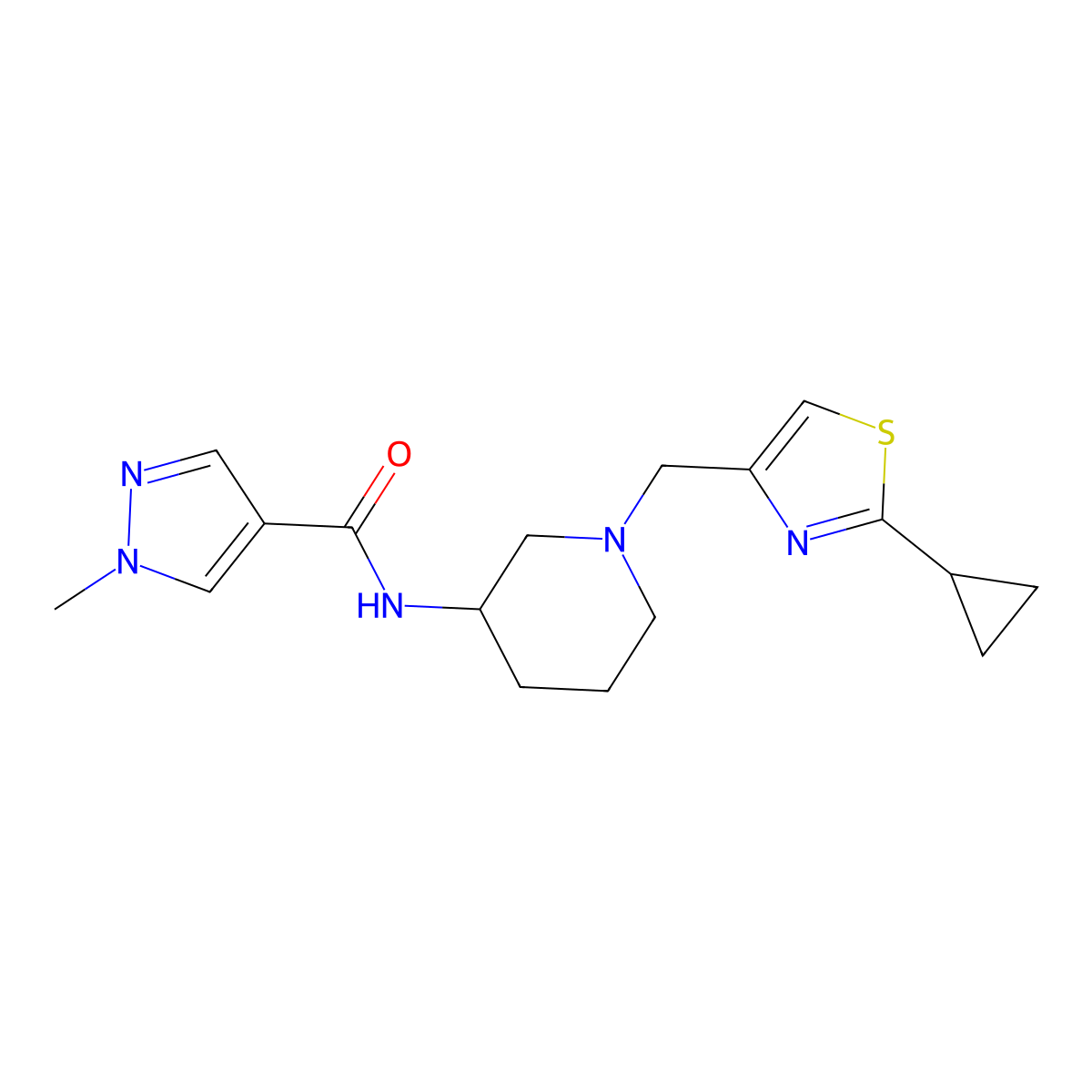 N-{1-[(2-cyclopropyl-1,3-thiazol-4-yl)methyl]piperidin-3-yl}-1-methyl-1H-pyrazole-4-carboxamide molecular structure, CAS 3030829-13-8