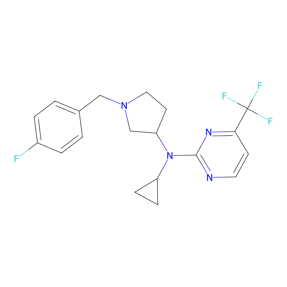 N-cyclopropyl-N-{1-[(4-fluorophenyl)methyl]pyrrolidin-3-yl}-4-(trifluoromethyl)pyrimidin-2-amine molecular structure, CAS 3030829-18-3