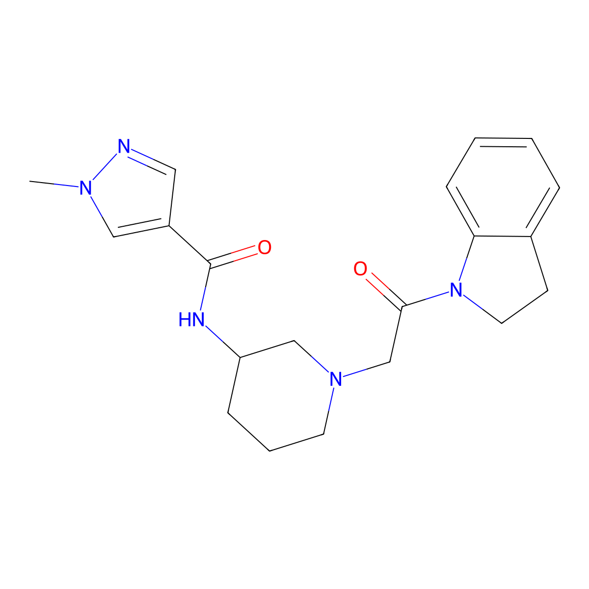 N-{1-[2-(2,3-dihydro-1H-indol-1-yl)-2-oxoethyl]piperidin-3-yl}-1-methyl-1H-pyrazole-4-carboxamide molecular structure, CAS 3030829-21-8