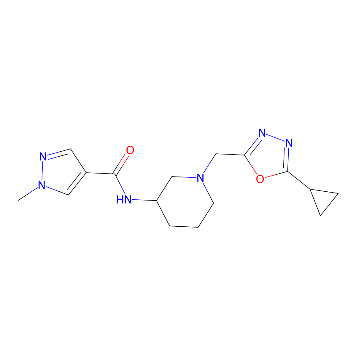 N-{1-[(5-cyclopropyl-1,3,4-oxadiazol-2-yl)methyl]piperidin-3-yl}-1-methyl-1H-pyrazole-4-carboxamide molecular structure, CAS 3030829-25-2