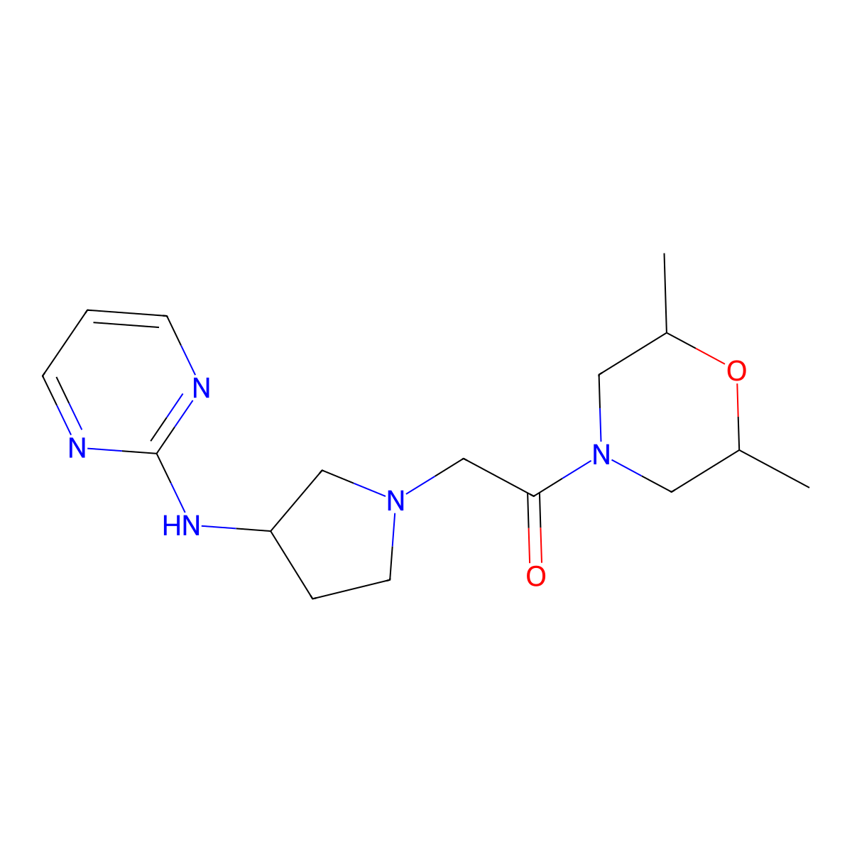1-(2,6-Dimethylmorpholin-4-yl)-2-{3-[(pyrimidin-2-yl)amino]pyrrolidin-1-yl}ethan-1-one molecular structure, CAS 3030829-27-4