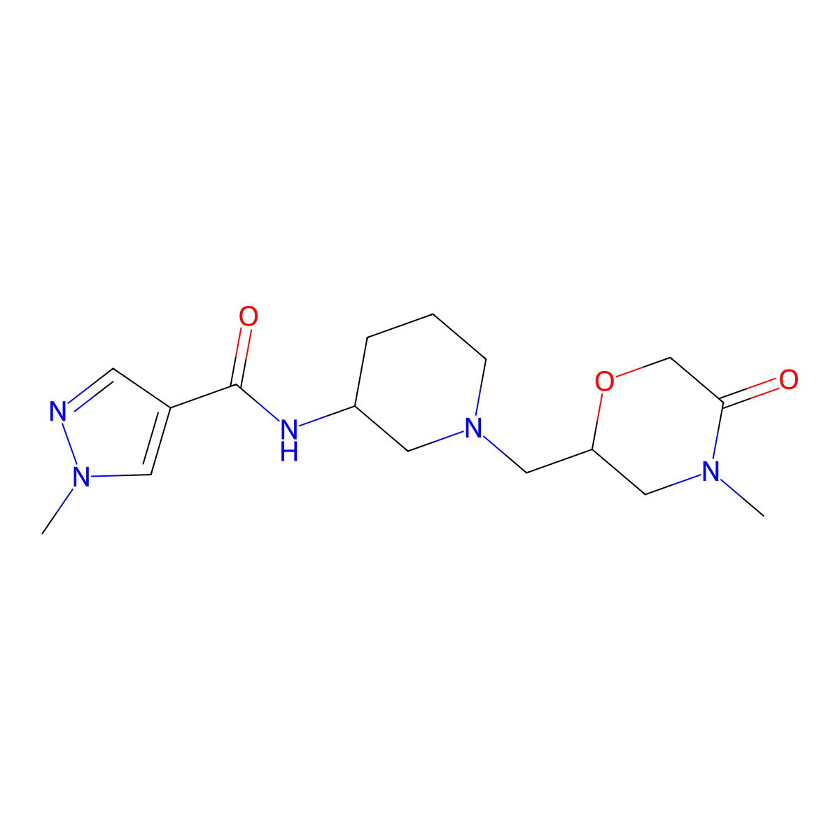 1-methyl-N-{1-[(4-methyl-5-oxomorpholin-2-yl)methyl]piperidin-3-yl}-1H-pyrazole-4-carboxamide molecular structure, CAS 3030829-28-5