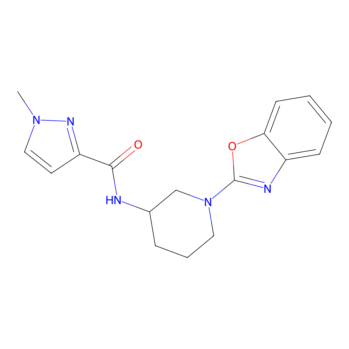 N-[1-(1,3-benzoxazol-2-yl)piperidin-3-yl]-1-methyl-1H-pyrazole-3-carboxamide molecular structure, CAS 3030829-43-4