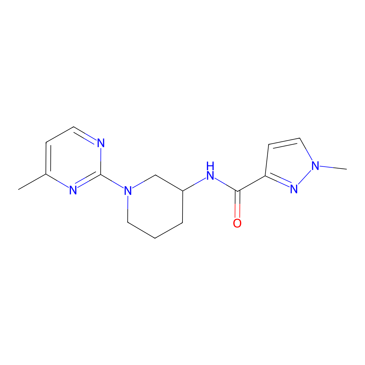 1-methyl-N-[1-(4-methylpyrimidin-2-yl)piperidin-3-yl]-1H-pyrazole-3-carboxamide molecular structure, CAS 3030829-53-6
