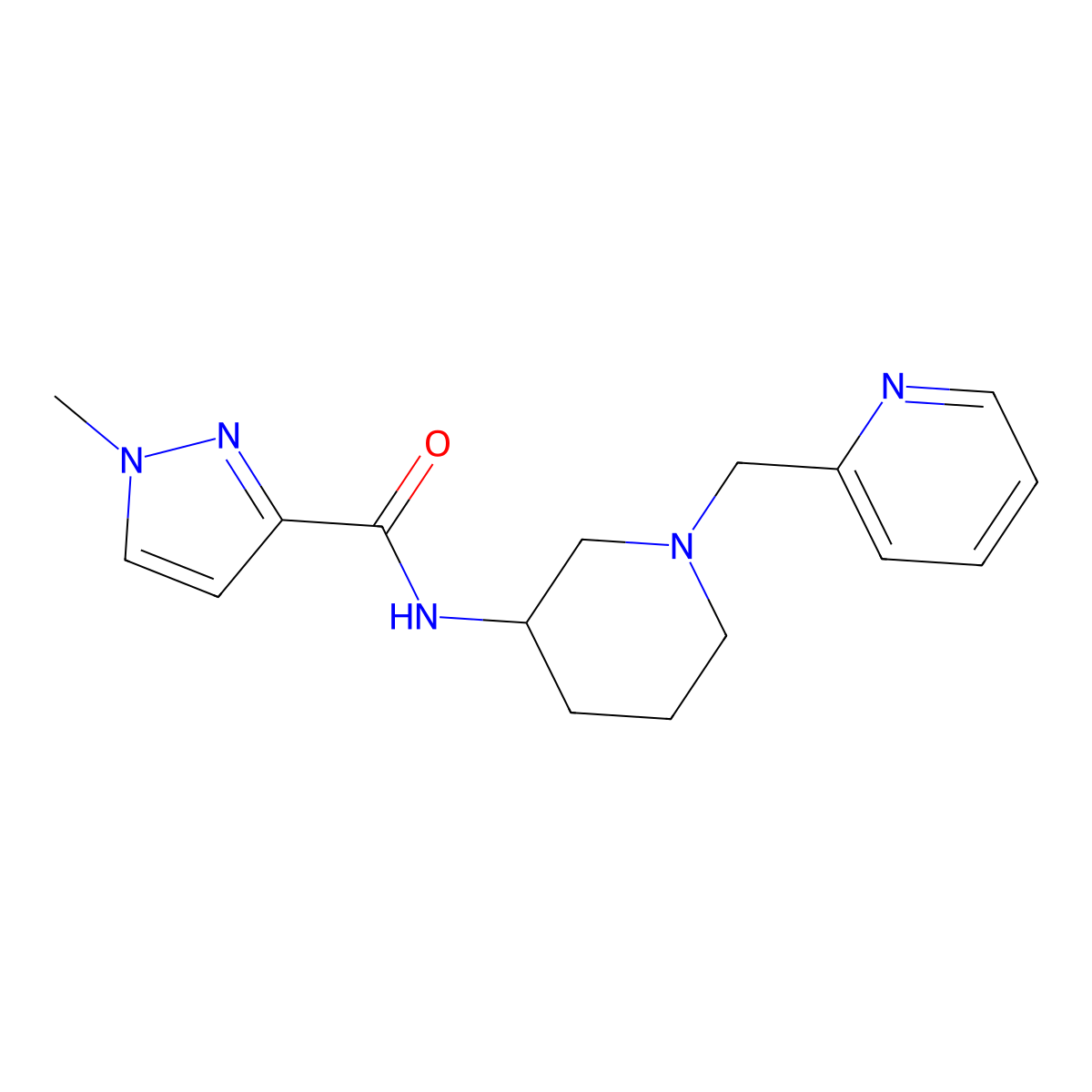 1-methyl-N-{1-[(pyridin-2-yl)methyl]piperidin-3-yl}-1H-pyrazole-3-carboxamide molecular structure, CAS 3030829-62-7