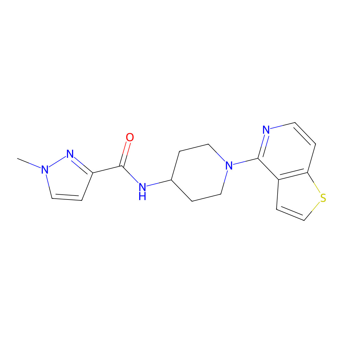 1-methyl-N-(1-{thieno[3,2-c]pyridin-4-yl}piperidin-4-yl)-1H-pyrazole-3-carboxamide molecular structure, CAS 3030829-66-1