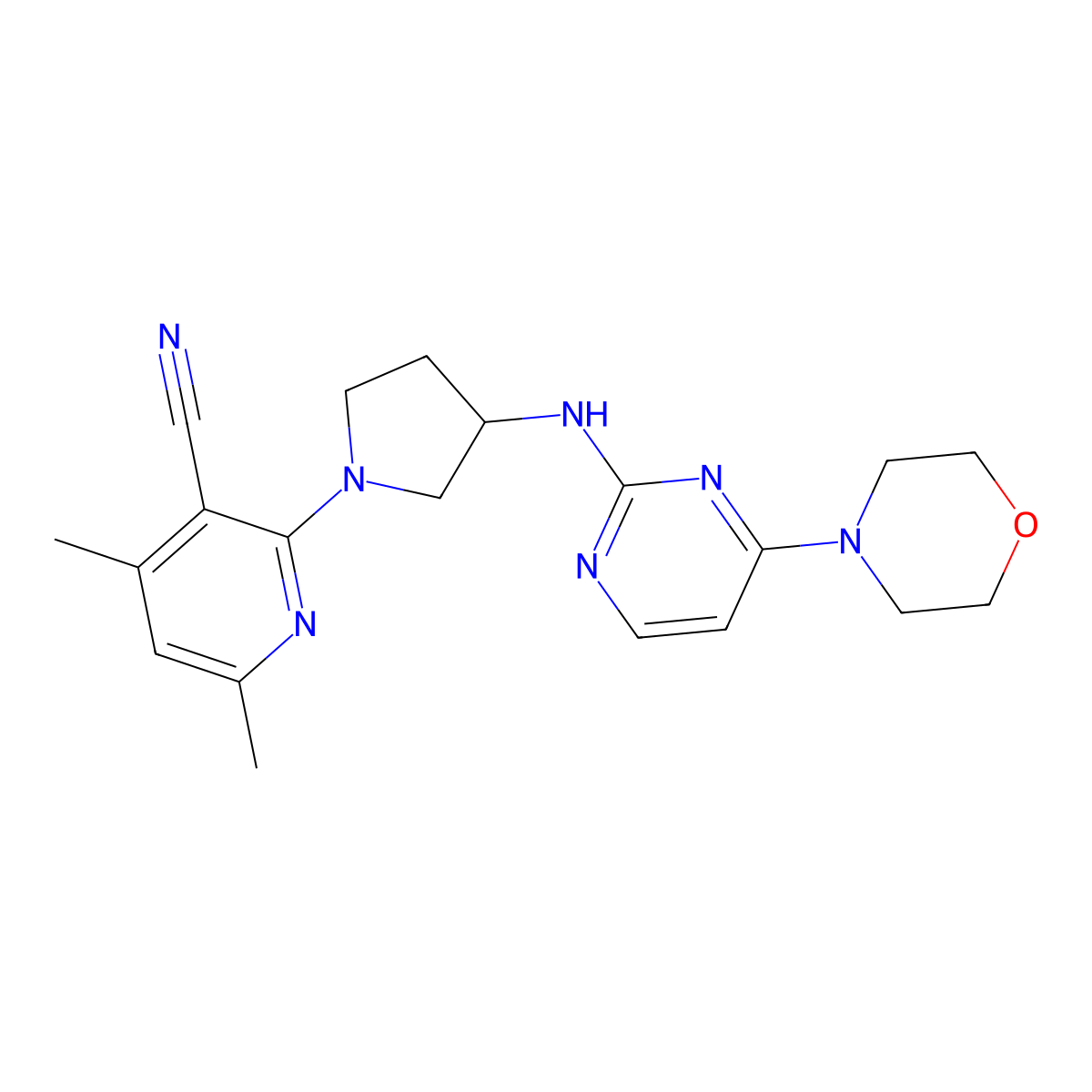 4,6-Dimethyl-2-[3-[(4-morpholin-4-ylpyrimidin-2-yl)amino]pyrrolidin-1-yl]pyridine-3-carbonitrile molecular structure, CAS 3030829-77-4