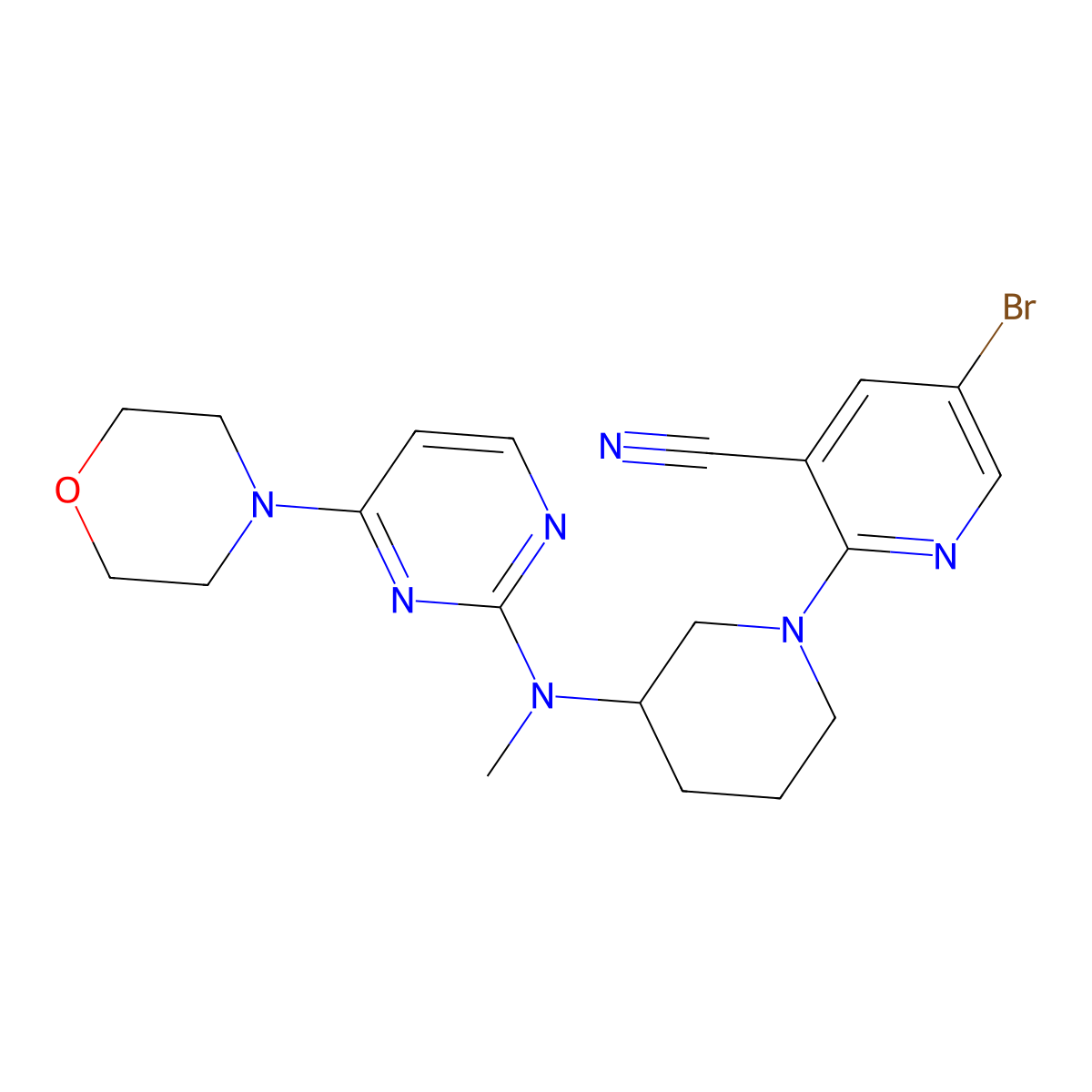 5-Bromo-2-(3-{methyl[4-(morpholin-4-yl)pyrimidin-2-yl]amino}piperidin-1-yl)pyridine-3-carbonitrile molecular structure, CAS 3030829-86-5