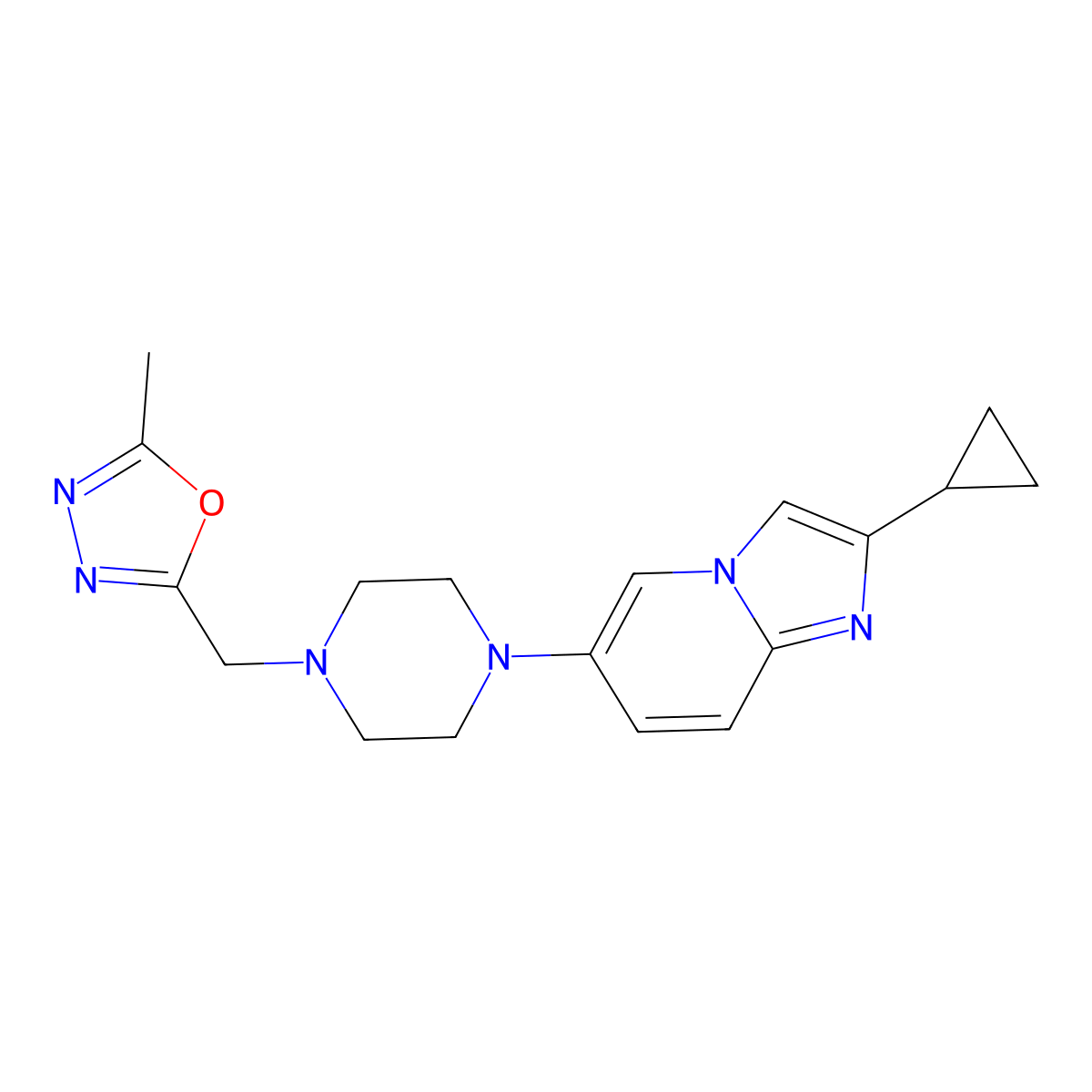 1-{2-Cyclopropylimidazo[1,2-a]pyridin-6-yl}-4-[(5-methyl-1,3,4-oxadiazol-2-yl)methyl]piperazine molecular structure, CAS 3030829-88-7
