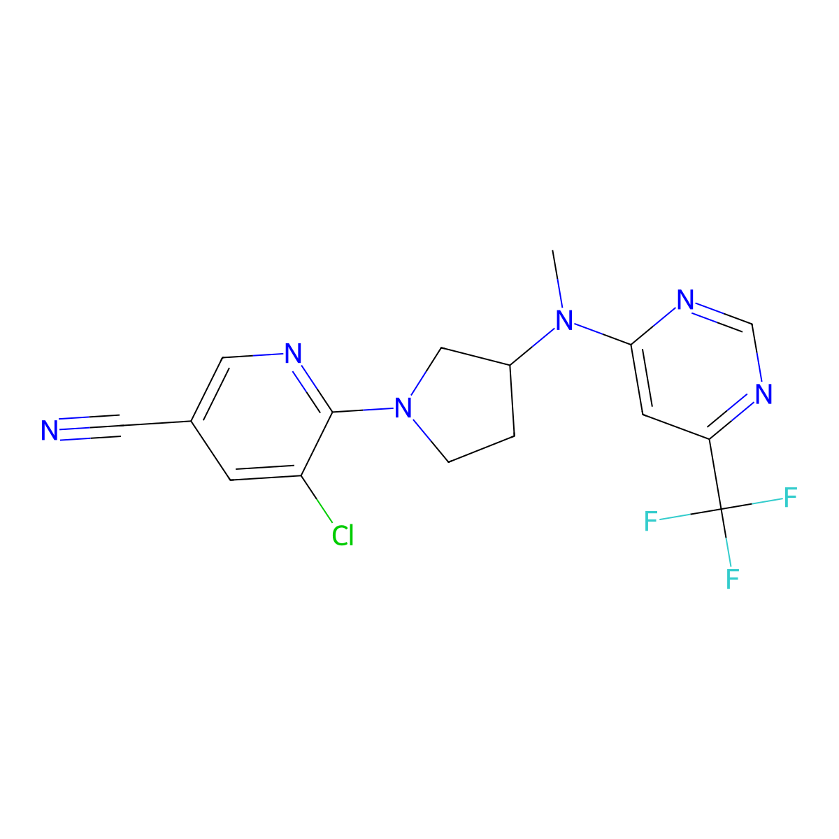 5-Chloro-6-(3-{methyl[6-(trifluoromethyl)pyrimidin-4-yl]amino}pyrrolidin-1-yl)pyridine-3-carbonitrile molecular structure, CAS 3030830-01-1
