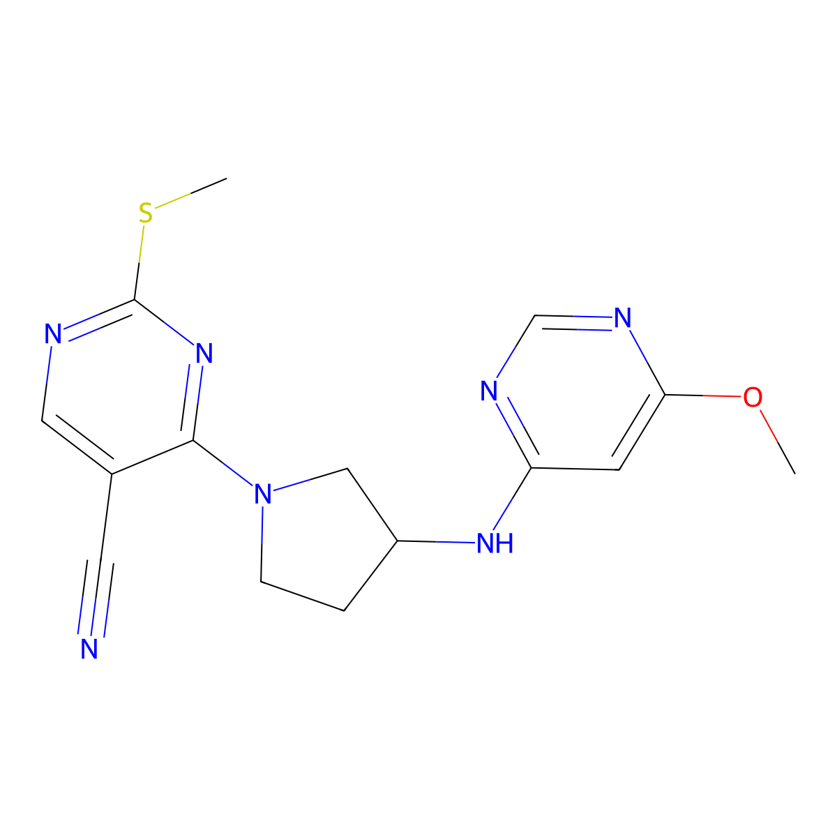 4-{3-[(6-Methoxypyrimidin-4-yl)amino]pyrrolidin-1-yl}-2-(methylsulfanyl)pyrimidine-5-carbonitrile molecular structure, CAS 3030830-03-3