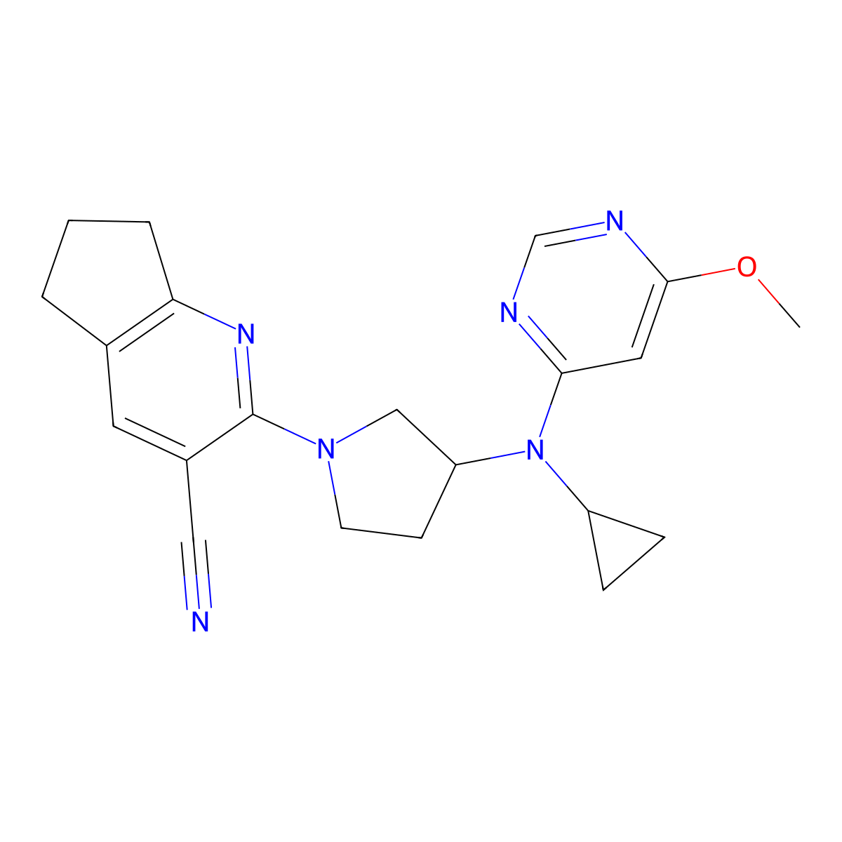 2-{3-[cyclopropyl(6-methoxypyrimidin-4-yl)amino]pyrrolidin-1-yl}-5H,6H,7H-cyclopenta[b]pyridine-3-carbonitrile molecular structure, CAS 3030830-09-9