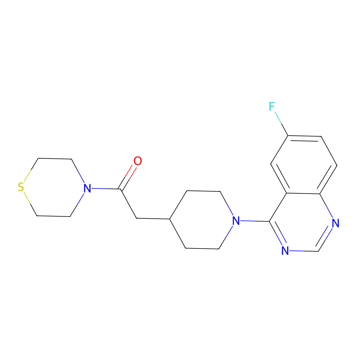 2-[1-(6-Fluoroquinazolin-4-yl)piperidin-4-yl]-1-(thiomorpholin-4-yl)ethan-1-one molecular structure, CAS 3030830-29-3