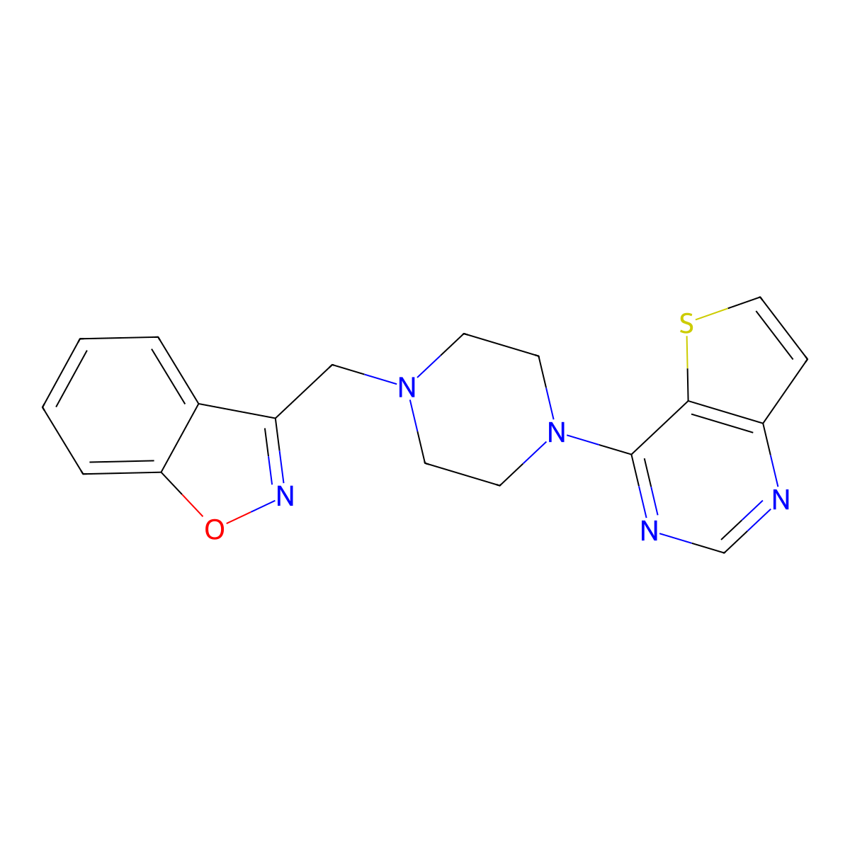 3-[(4-{Thieno[3,2-d]pyrimidin-4-yl}piperazin-1-yl)methyl]-1,2-benzoxazole molecular structure, CAS 3030830-32-8