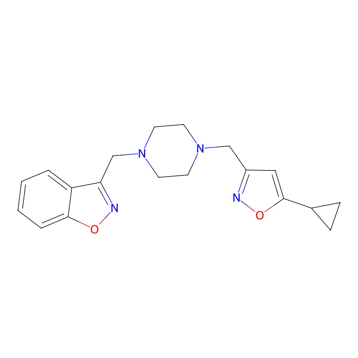 3-({4-[(5-Cyclopropyl-1,2-oxazol-3-yl)methyl]piperazin-1-yl}methyl)-1,2-benzoxazole molecular structure, CAS 3030830-36-2
