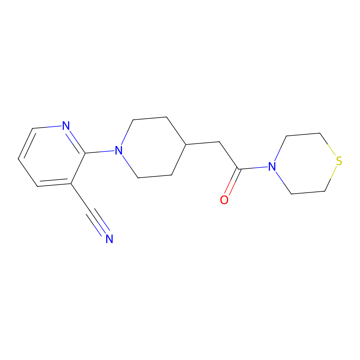 2-{4-[2-Oxo-2-(thiomorpholin-4-yl)ethyl]piperidin-1-yl}pyridine-3-carbonitrile molecular structure, CAS 3030830-37-3
