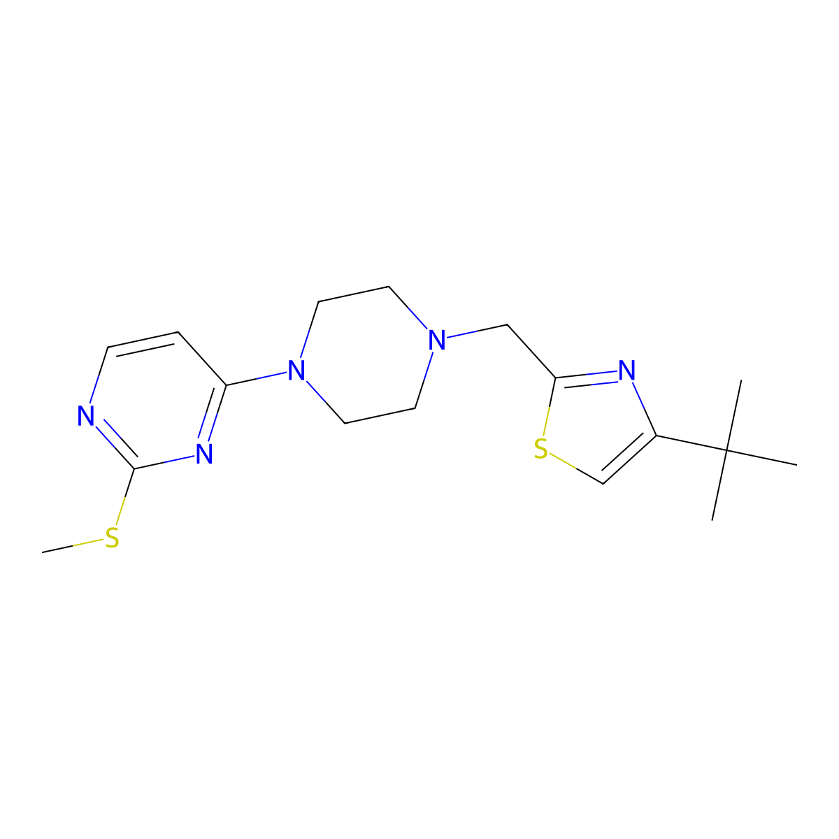 4-{4-[(4-Tert-butyl-1,3-thiazol-2-yl)methyl]piperazin-1-yl}-2-(methylsulfanyl)pyrimidine molecular structure, CAS 3030830-43-1