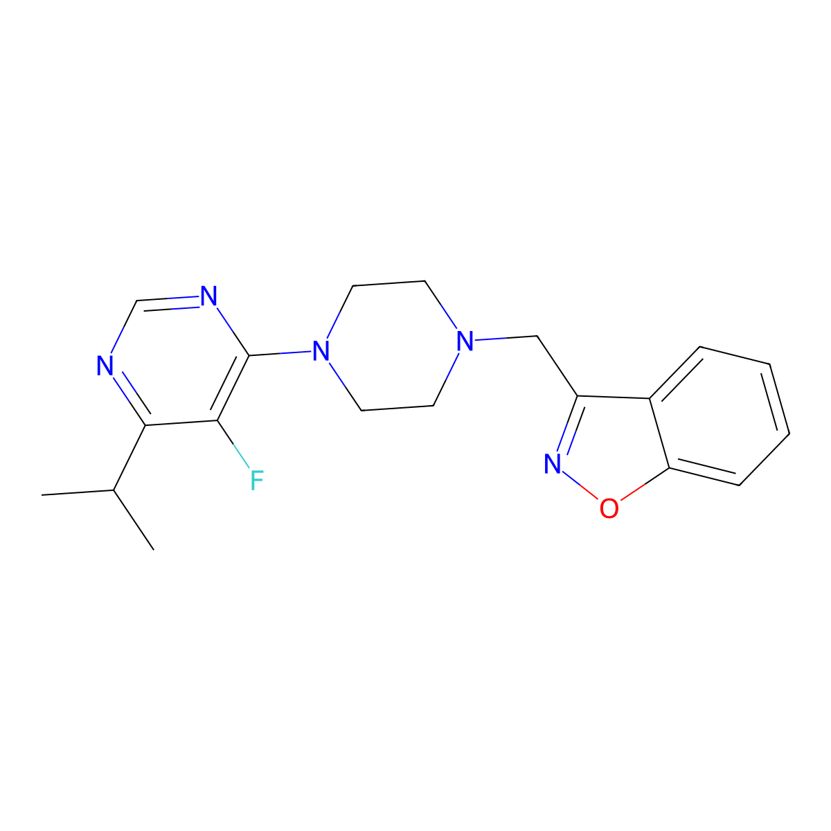 3-({4-[5-Fluoro-6-(propan-2-yl)pyrimidin-4-yl]piperazin-1-yl}methyl)-1,2-benzoxazole molecular structure, CAS 3030830-52-2