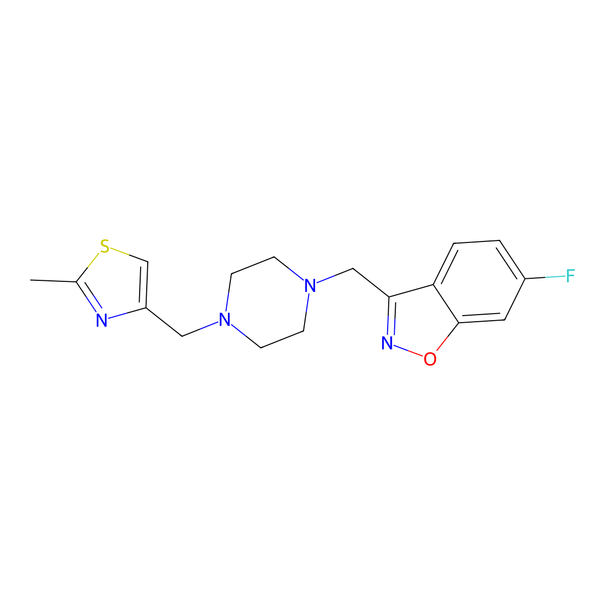 6-Fluoro-3-({4-[(2-methyl-1,3-thiazol-4-yl)methyl]piperazin-1-yl}methyl)-1,2-benzoxazole molecular structure, CAS 3030830-63-5