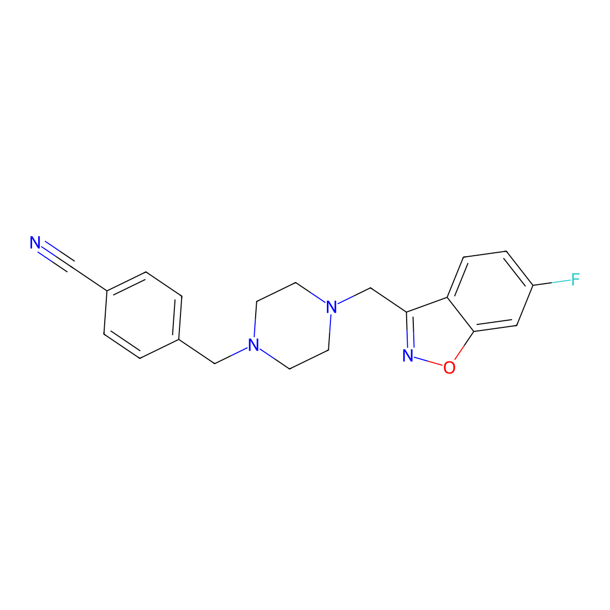 4-({4-[(6-Fluoro-1,2-benzoxazol-3-yl)methyl]piperazin-1-yl}methyl)benzonitrile molecular structure, CAS 3030830-64-6