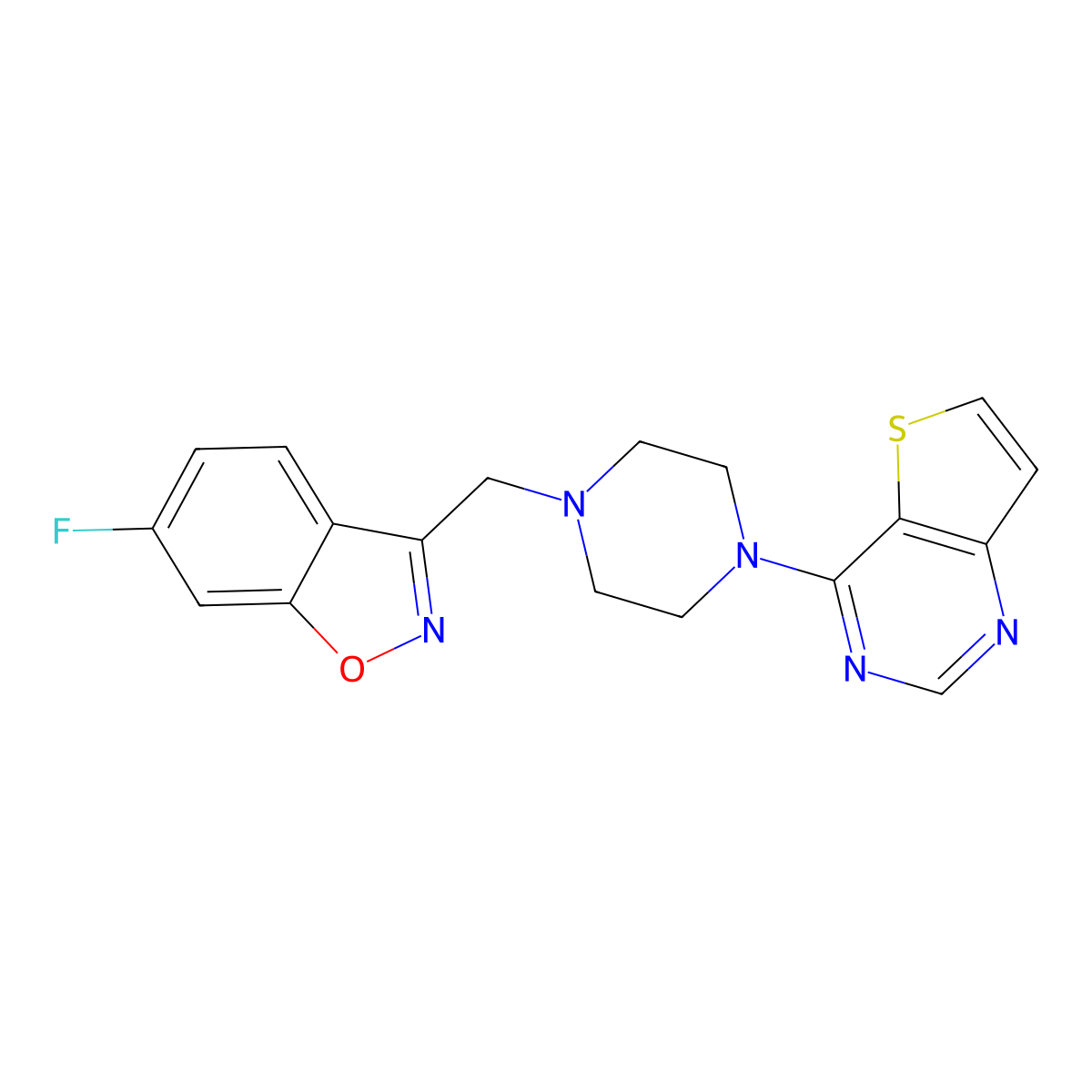 6-Fluoro-3-[(4-{thieno[3,2-d]pyrimidin-4-yl}piperazin-1-yl)methyl]-1,2-benzoxazole molecular structure, CAS 3030830-65-7