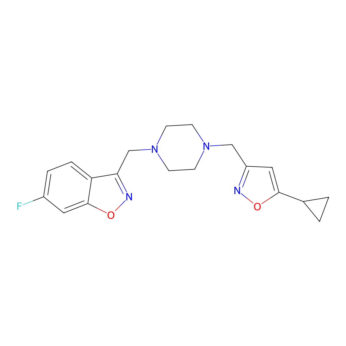 3-({4-[(5-Cyclopropyl-1,2-oxazol-3-yl)methyl]piperazin-1-yl}methyl)-6-fluoro-1,2-benzoxazole molecular structure, CAS 3030830-66-8